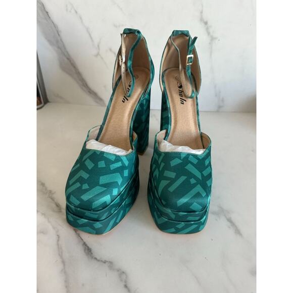 SHEIN Teal Retro 80s Platform Heels Sz 10 NEW - Picture 2 of 5